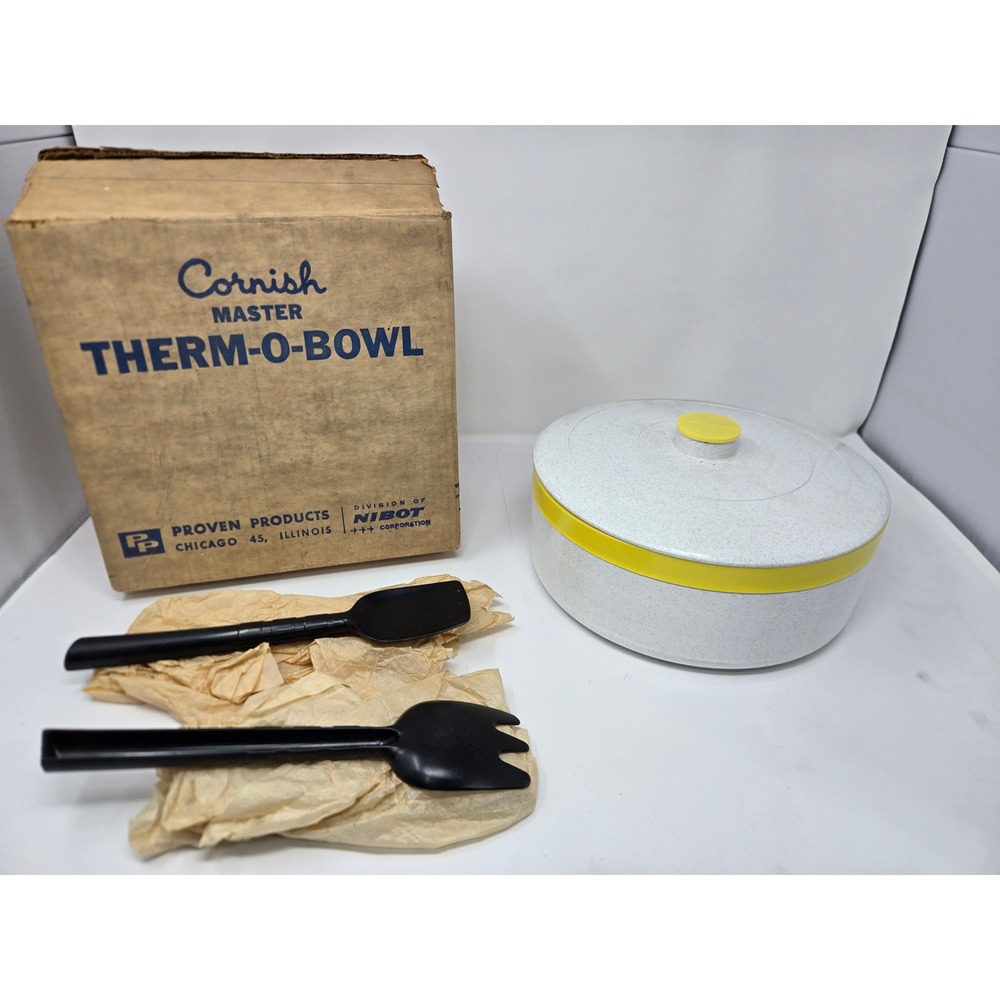 Vintage Cornish Master Therm-O-Bowl Insulated Serving Set Yellow White MCM Box